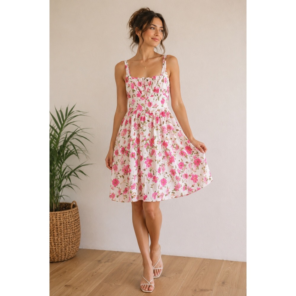 Scarlet Dark Pink Floral Milkmaid Dress Square Neckline Smocked Back 2XL Cottage